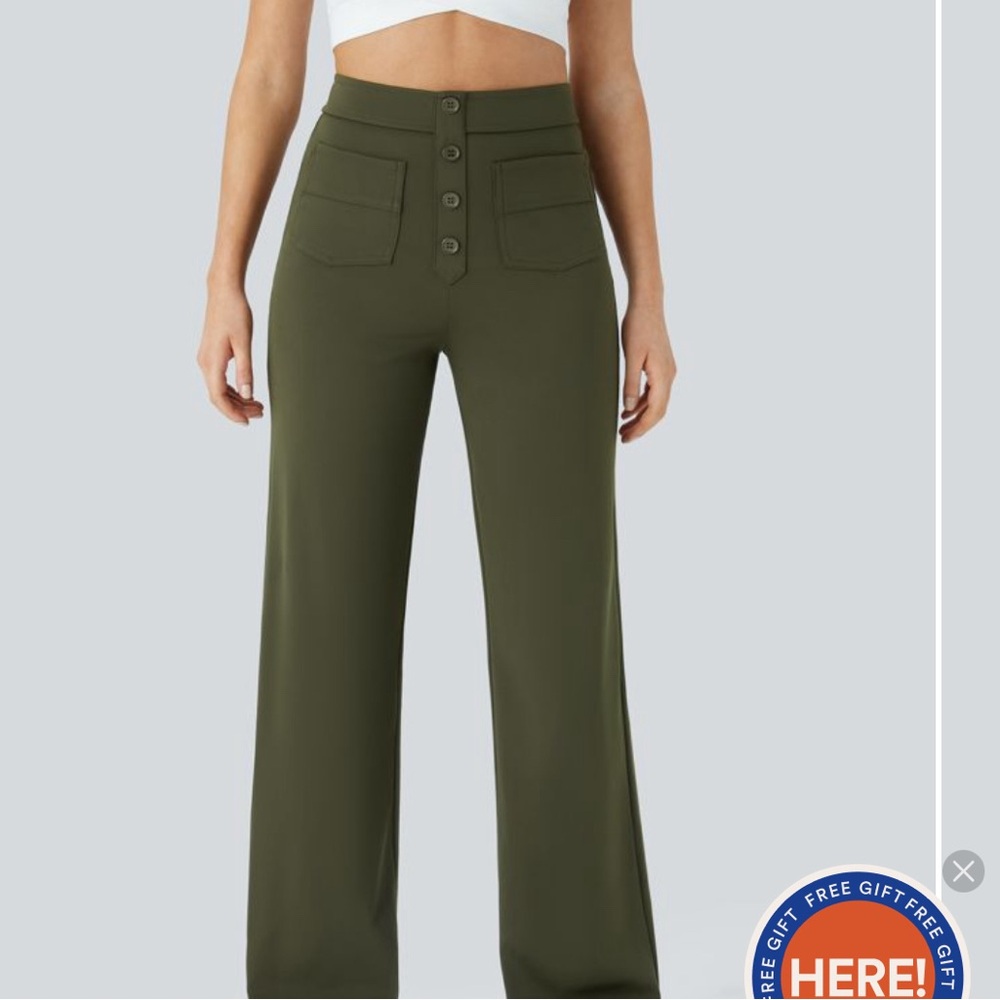 Halara Waisted Button Multiple Pockets Straight Leg Casual Pants.